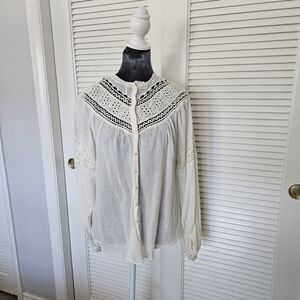 Free People Peasant Top Embroidery knit & ribbon detail Bohemian Summer Cream M